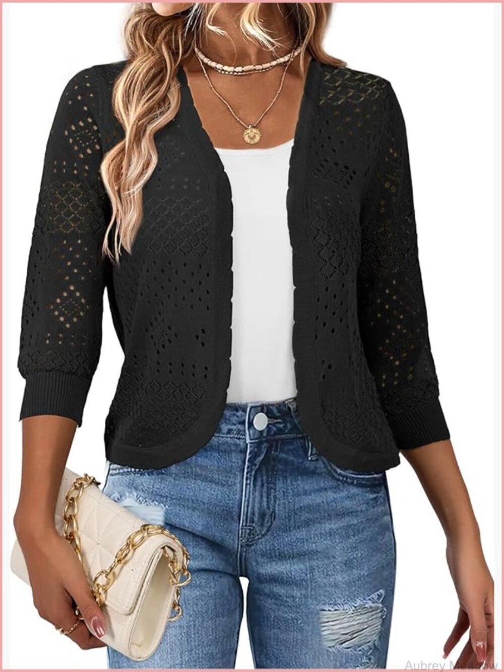 3/4 Sleeve Cropped Cardigan Open Front Hollowed Lightweight Shrug Sweater